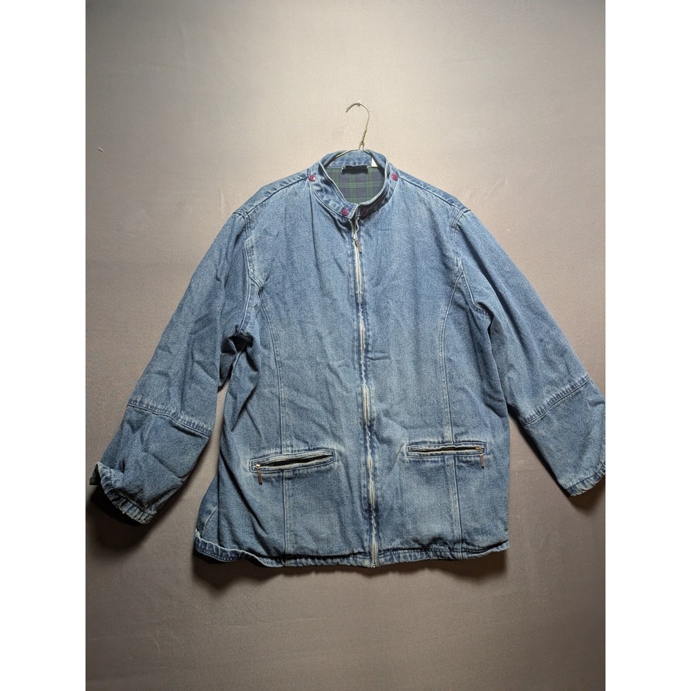 Vintage North Style Jacket Womens XL Blue Denim Plaid Flannel Lined Full Zip